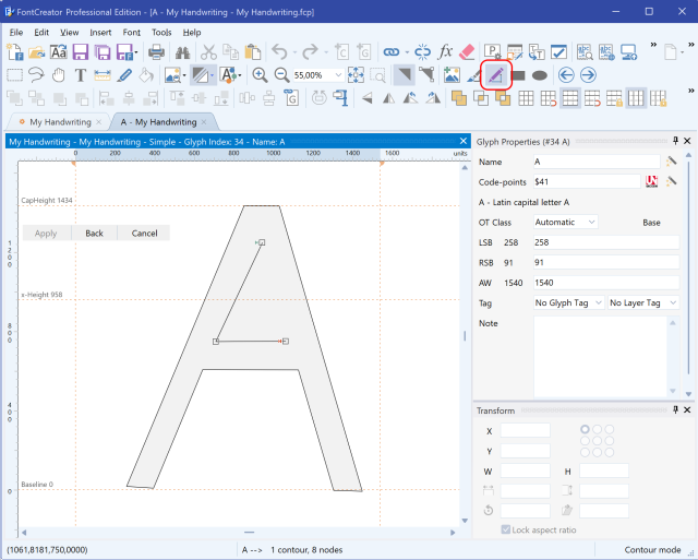 Glyph Edit window - Contour tool